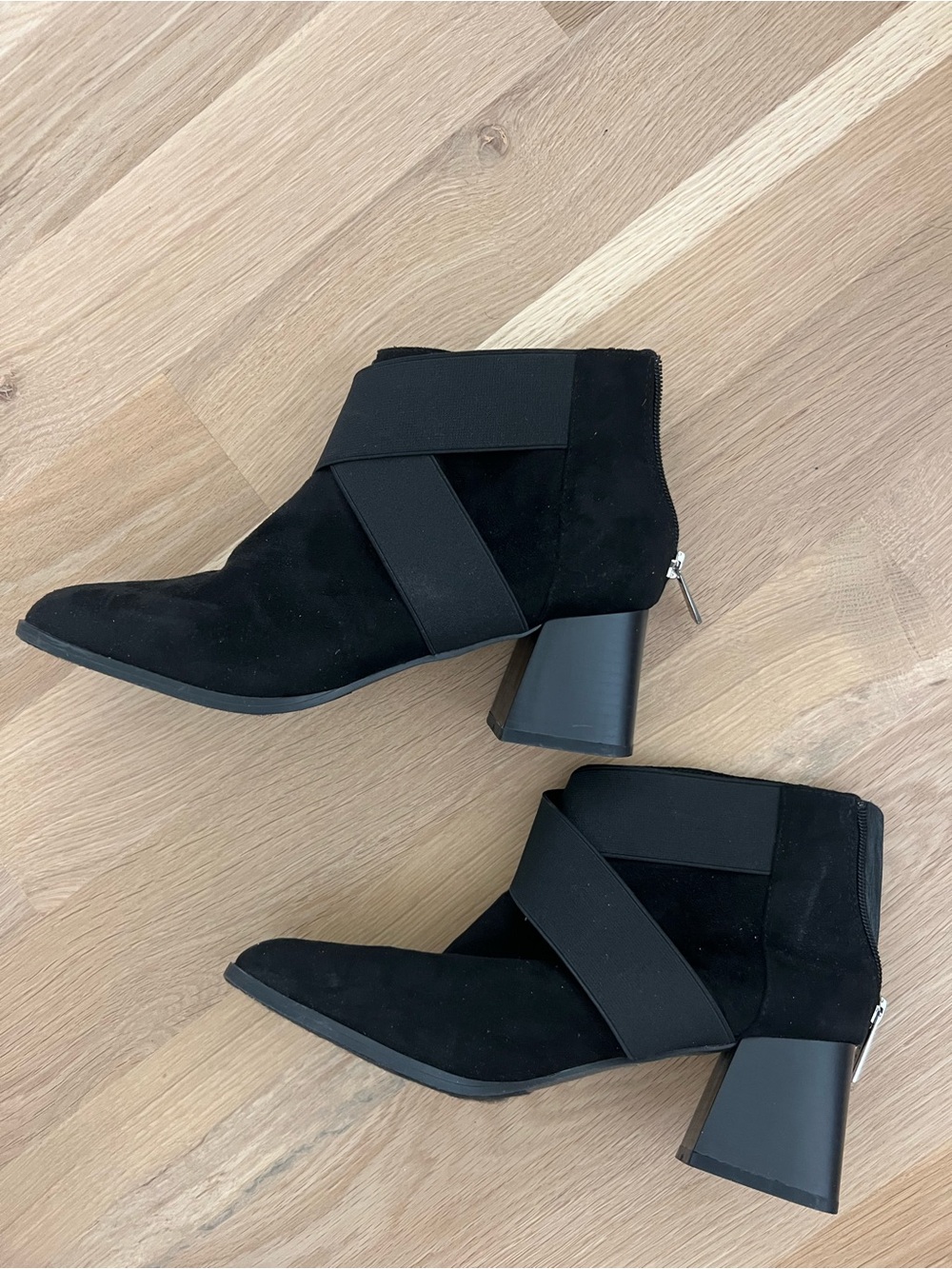 Anne Klein Black Suede Ankle Booties with Block Heel